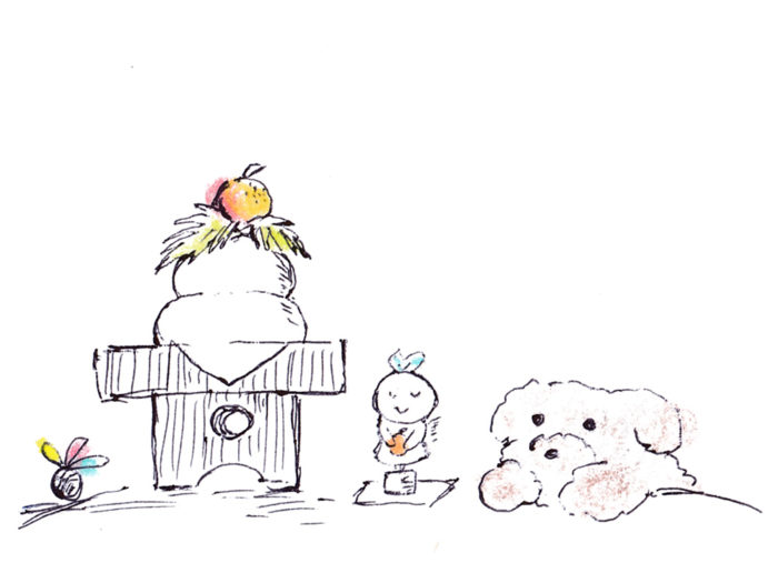 頂いたウッドクラフトと共にお正月を迎え、ポンカンの到着を楽しみに待っている犬のイラスト