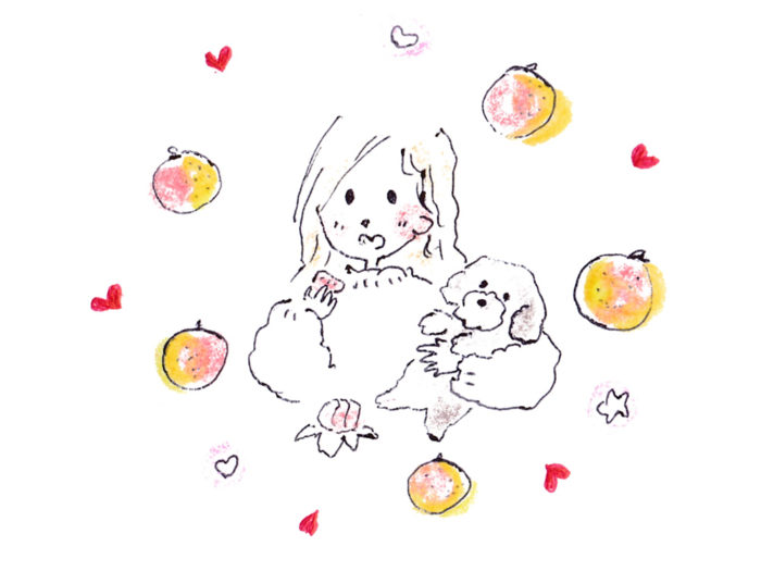 完熟したポンカンのおいしさに驚いて感動している女性と抱っこされた犬のイラスト