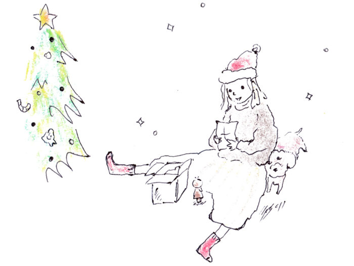 お歳暮ギフトセットのメッセンジャー役であるウッドクラフトとメッセージを受け取って喜ぶ女性のイラスト