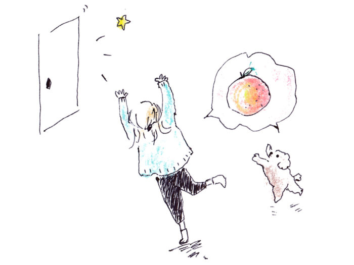 玄関先に届いた完熟のポンカンを嬉々として受取に行く女性と犬のイラスト